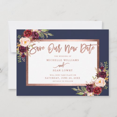 Burgundy Floral Rose Gold Navy Blue Save The Date