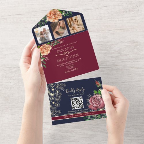 Burgundy Floral Rose Gold Navy Blue Wedding All In One Invitation
