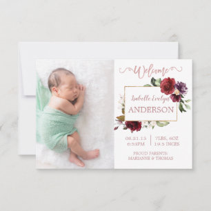 Burgundy Floral Rose Gold Photo Birth Announcement