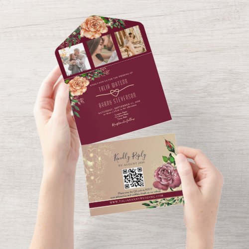 Burgundy Floral Rose Gold Photos Wedding All In One Invitation