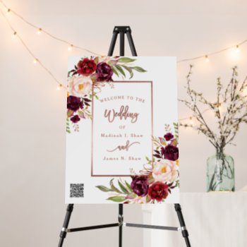 Burgundy Floral Rose Gold Qr Code Wedding Sign by epclarke at Zazzle