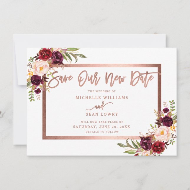 Burgundy Floral Rose Gold Save Our New Date Save The Date (Front)