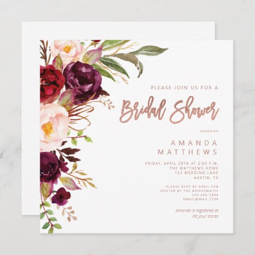 Burgundy Floral Rose Gold Script Bridal Shower Invitation
