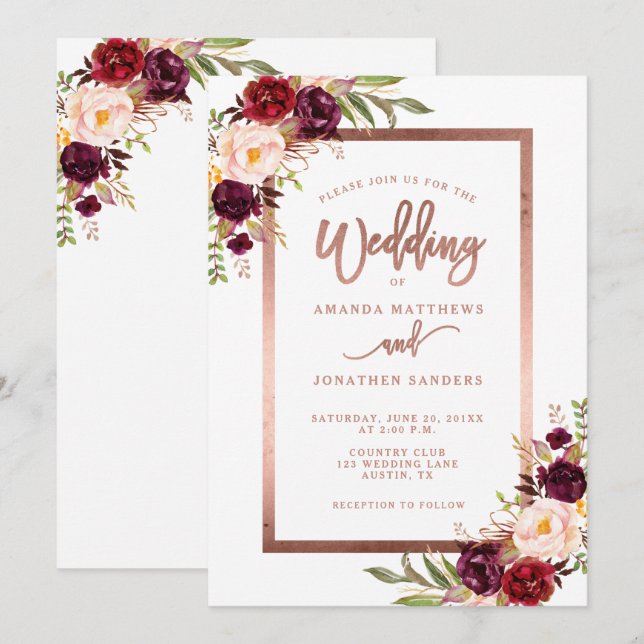 Burgundy Floral Rose Gold Script Elegant Wedding Invitation (Front/Back)