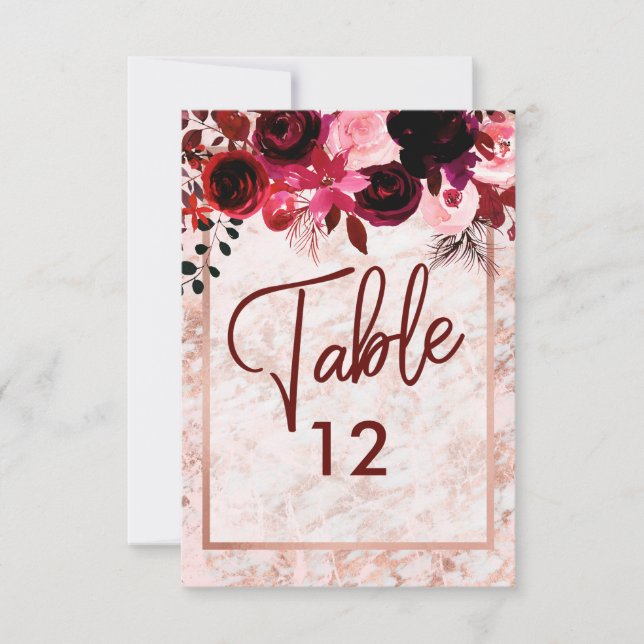 Burgundy Floral & Rose Gold Table Number Seating (Front)