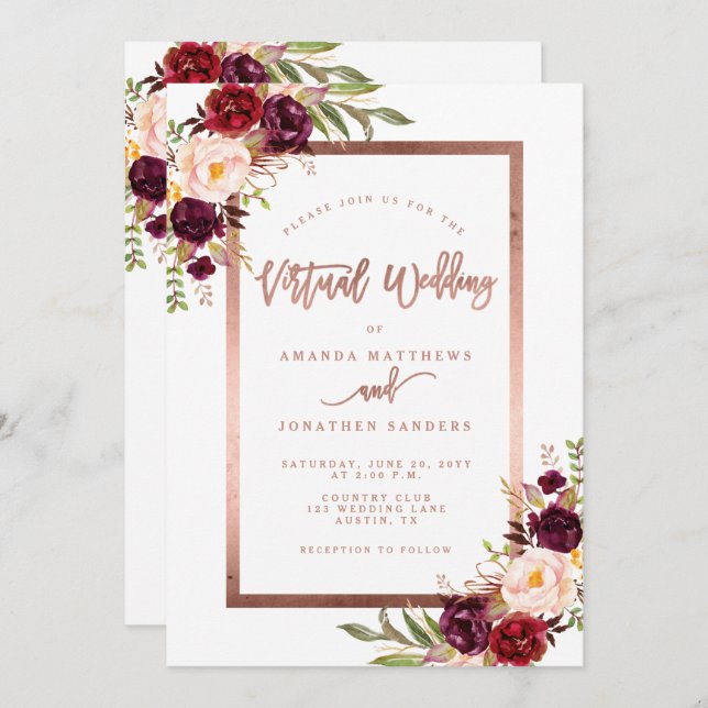 Burgundy Floral Rose Gold Virtual Wedding Invitation (Front/Back)