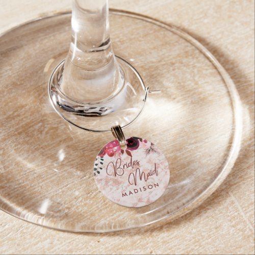 Burgundy Floral  Rose Gold Wedding Bridesmaid Wine Glass Charm
