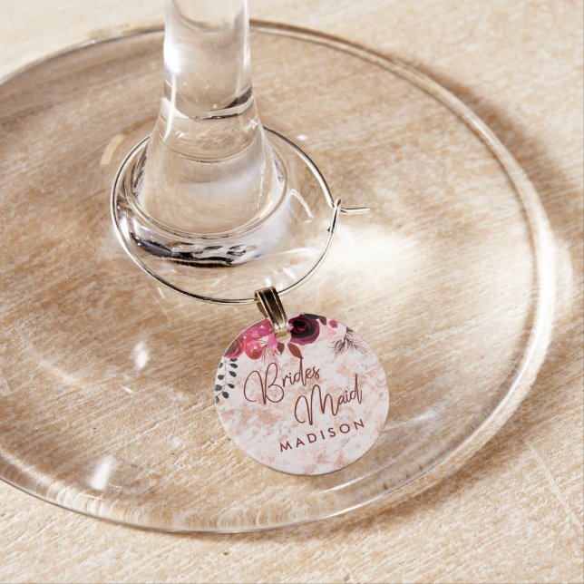 Burgundy Floral & Rose Gold Wedding Bridesmaid Wine Glass Charm (In Situ)