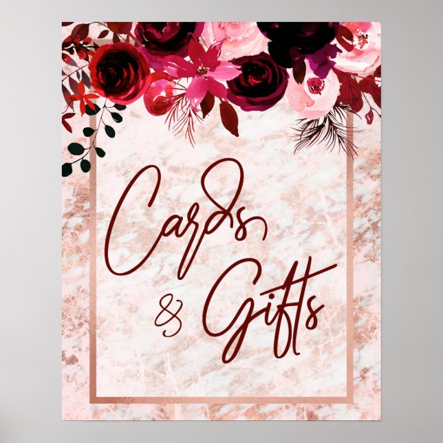 Burgundy Floral & Rose Gold Wedding Cards & Gifts Poster (Front)