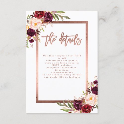 Burgundy Floral Rose Gold Wedding Details Enclosure Card