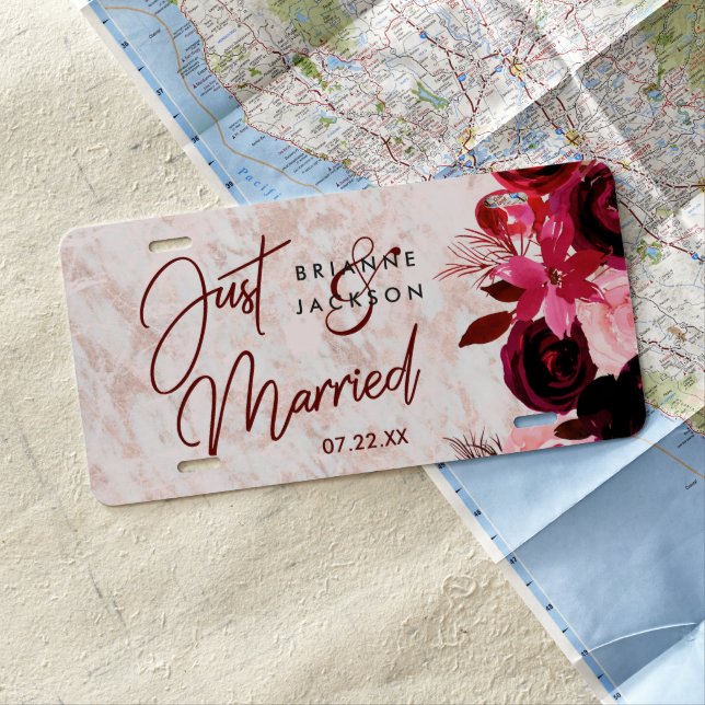 Burgundy Floral & Rose Gold Wedding Just Married License Plate (In Situ)
