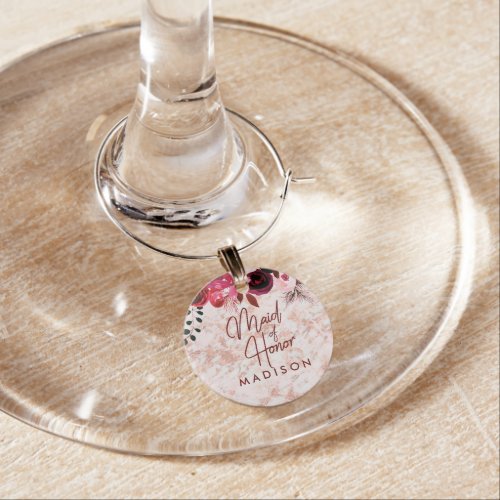 Burgundy Floral  Rose Gold Wedding Maid of Honor Wine Glass Charm