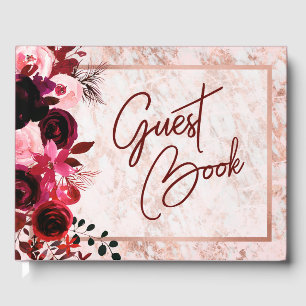 Burgundy Floral & Rose Gold Wedding Monogram Guest Book