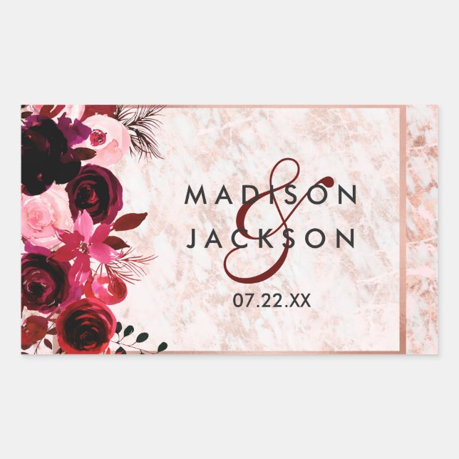 Burgundy Floral & Rose Gold Wedding Monogram Rectangular Sticker (Front)