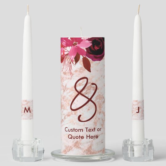 Burgundy Floral & Rose Gold Wedding Monogram Unity Candle Set