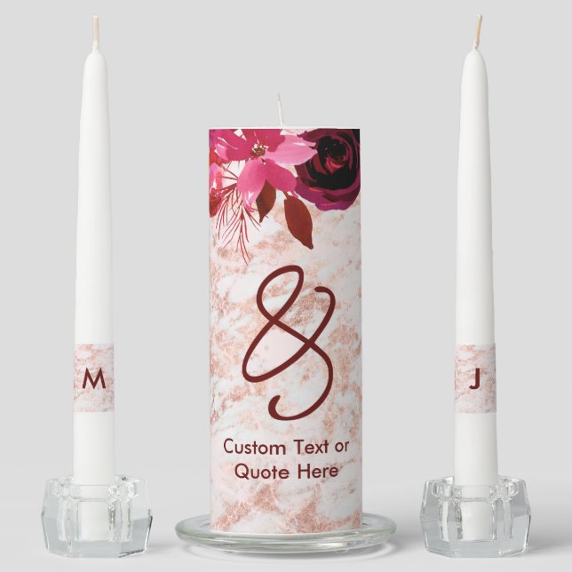Burgundy Floral & Rose Gold Wedding Monogram Unity Candle Set (Front)