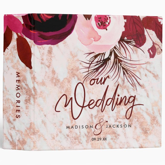 Burgundy Floral & Rose Gold Wedding Photo Album 3 Ring Binder (Front/Spine)