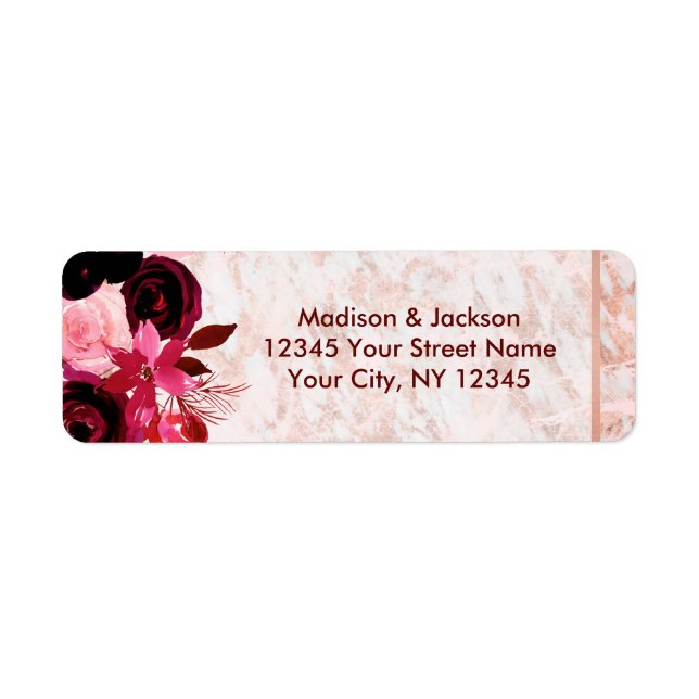 Burgundy Floral & Rose Gold Wedding Return Address Label (Front)