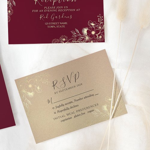 Burgundy Floral Rose Gold Wedding  RSVP Card