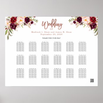 Burgundy Floral Rose Gold Wedding Seating Chart by epclarke at Zazzle