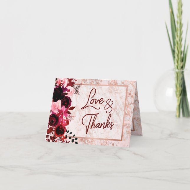 Burgundy Floral & Rose Gold Wedding Thank You Card (Front)