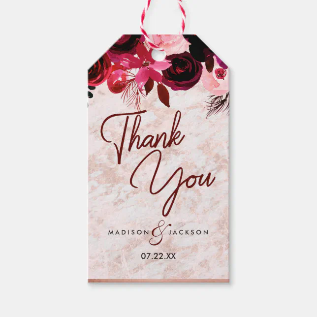 Burgundy Floral & Rose Gold Wedding Thank You Gift Tags | Zazzle