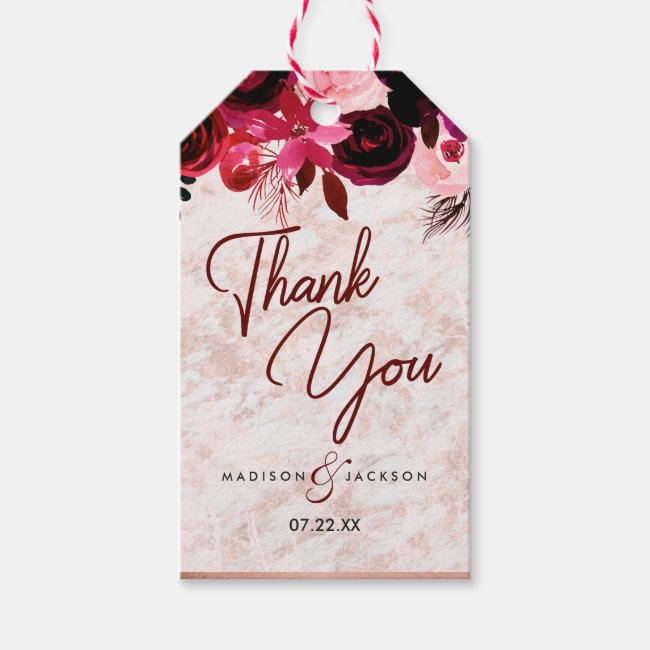 Burgundy Floral & Rose Gold Wedding Thank You Gift Tags