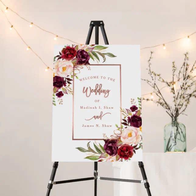 Burgundy Floral Rose Gold Wedding Welcome Sign | Zazzle