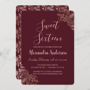 Burgundy Floral Rose Sweet Sixteen Birthday Invitation