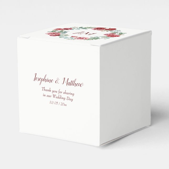 Burgundy Floral Rose Wreath Monogram Wedding Favor Boxes (Front Side)