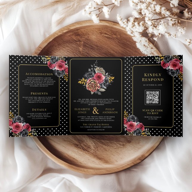 Burgundy Floral Roses All in One Black Wedding Tri-Fold Invitation (Creator Uploaded)