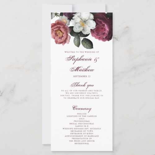 Burgundy Floral Roses Botanical Wedding Program