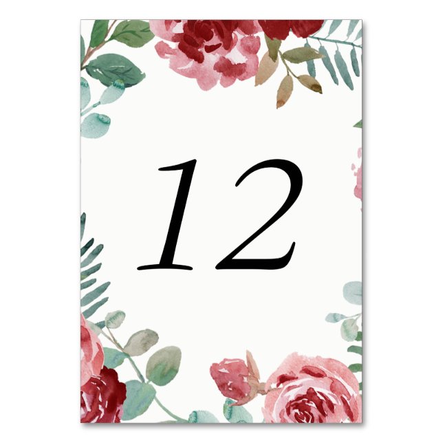 Burgundy Floral Roses Foliage Table Number Cards (Front)