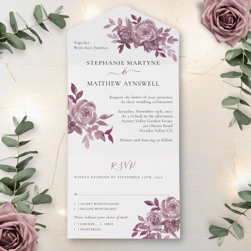 Burgundy Floral Roses Foliage Wedding All In One Invitation