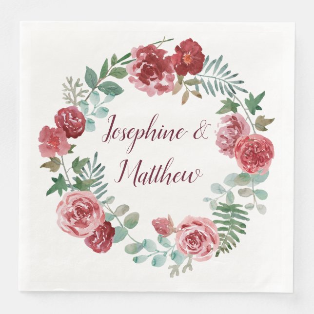 Burgundy Floral Roses Foliage Wreath Wedding Paper Dinner Napkins (Front)