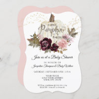 Burgundy Floral Roses Gold Pumpkin Baby Shower Invitation