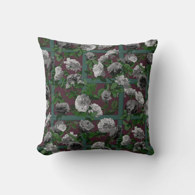 Burgundy Floral Roses Throw Pillow (Front)