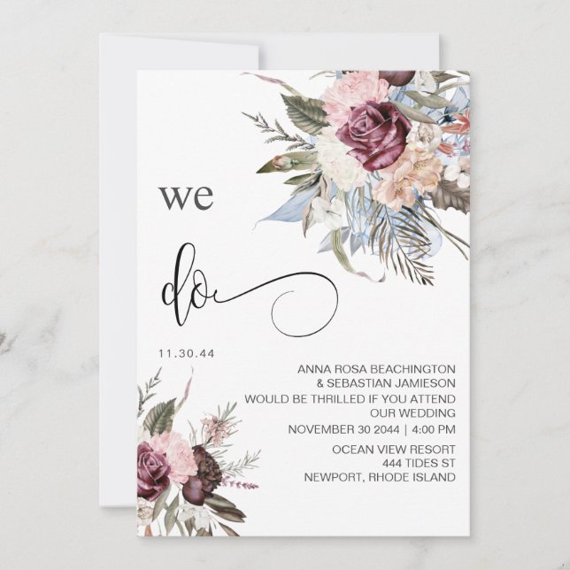 *~* Burgundy Floral RSVP - QR  AR15 Rose WEDDING Invitation (Front)