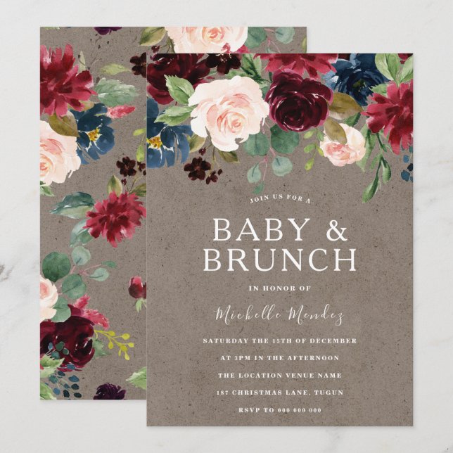 Burgundy Floral Rustic Baby Shower Brunch Invitation (Front/Back)