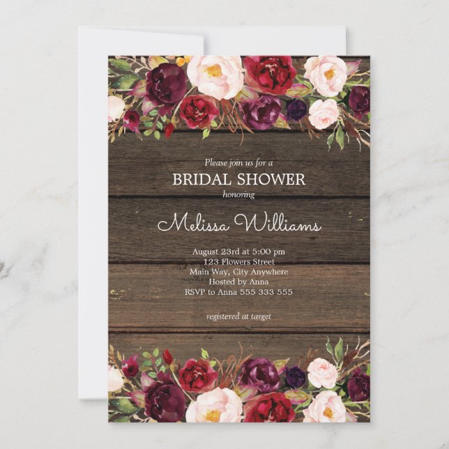 Burgundy Floral Rustic Barn Wood Bridal Shower Invitation (Front)