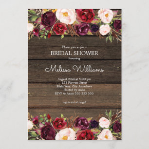 Burgundy Floral Rustic Barn Wood Bridal Shower Invitation