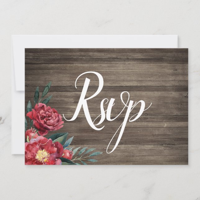 Burgundy Floral Rustic Barn Wood Rsvp Card (Front)