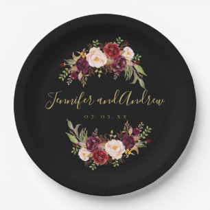 Burgundy Floral Rustic Black Gold Engagement Party Paper Plates