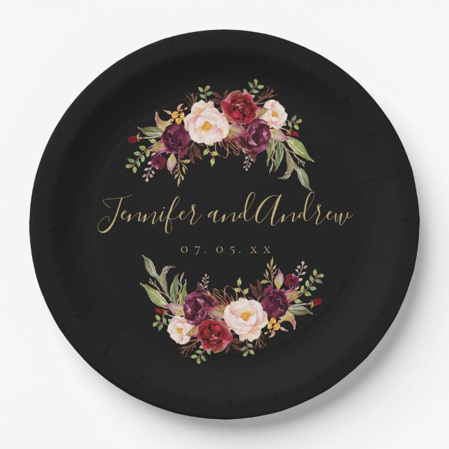 Burgundy Floral Rustic Black Gold Engagement Party Paper Plates (Front)