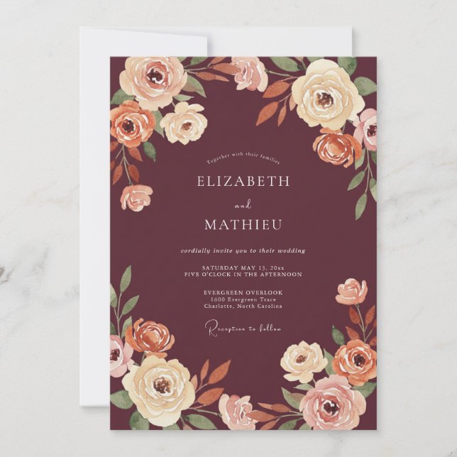 Burgundy Floral Rustic Bloom Wedding Invitation (Front)