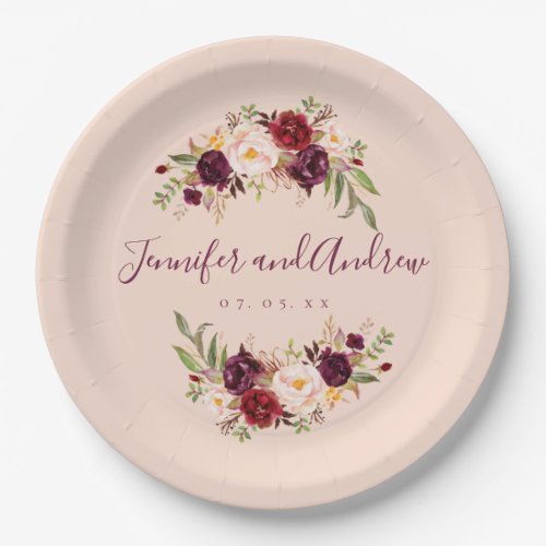 Burgundy Floral Rustic Blush Pink Engagement Party Paper Plates