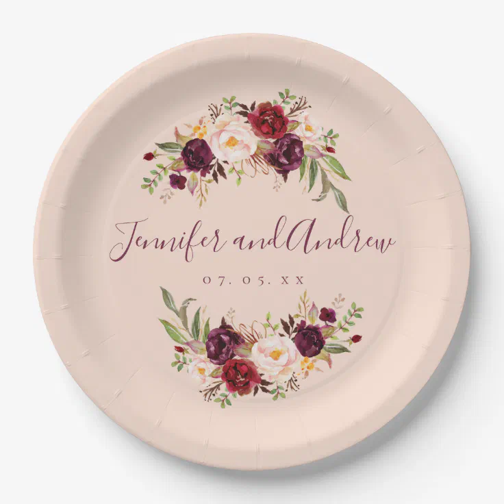 Burgundy Floral Rustic Blush Pink Engagement Party Paper Plates | Zazzle