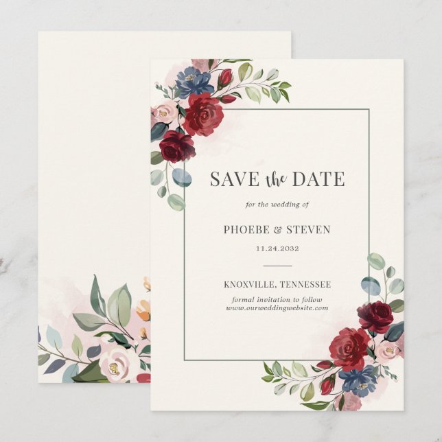 Burgundy Floral Rustic Botanical Save the Date (Front/Back)