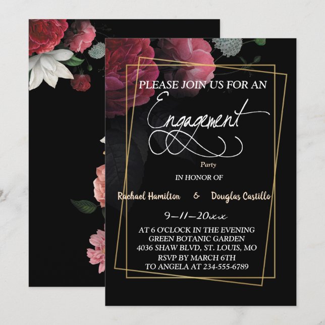 Burgundy  Floral Rustic  engagement card (Front/Back)