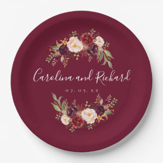 Burgundy Floral Rustic Engagement Party Paper Plates